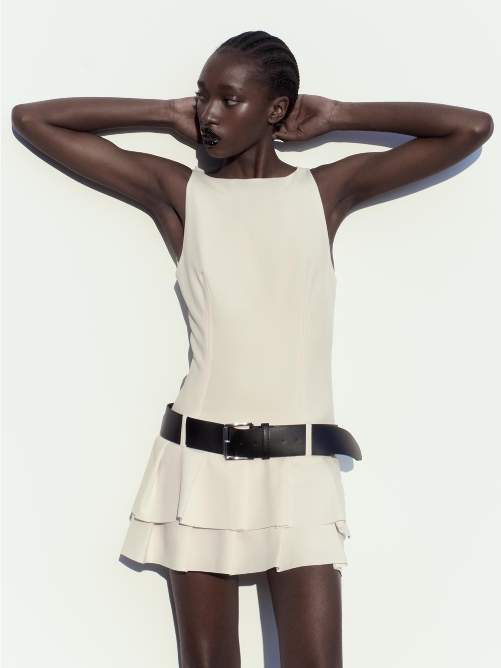 Zara Cream Sleeveless Tiered Mini Dress with Black Belt